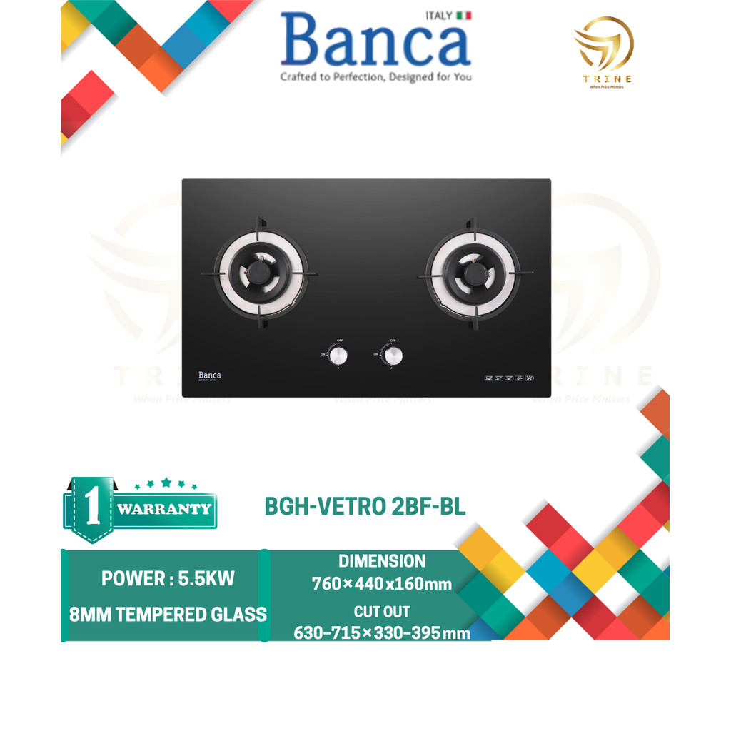 BANCA 2 BURNER FLEXI BUILT-IN GAS HOB / DAPUR GAS MASAK - BGH-VETRO 2BF-BL