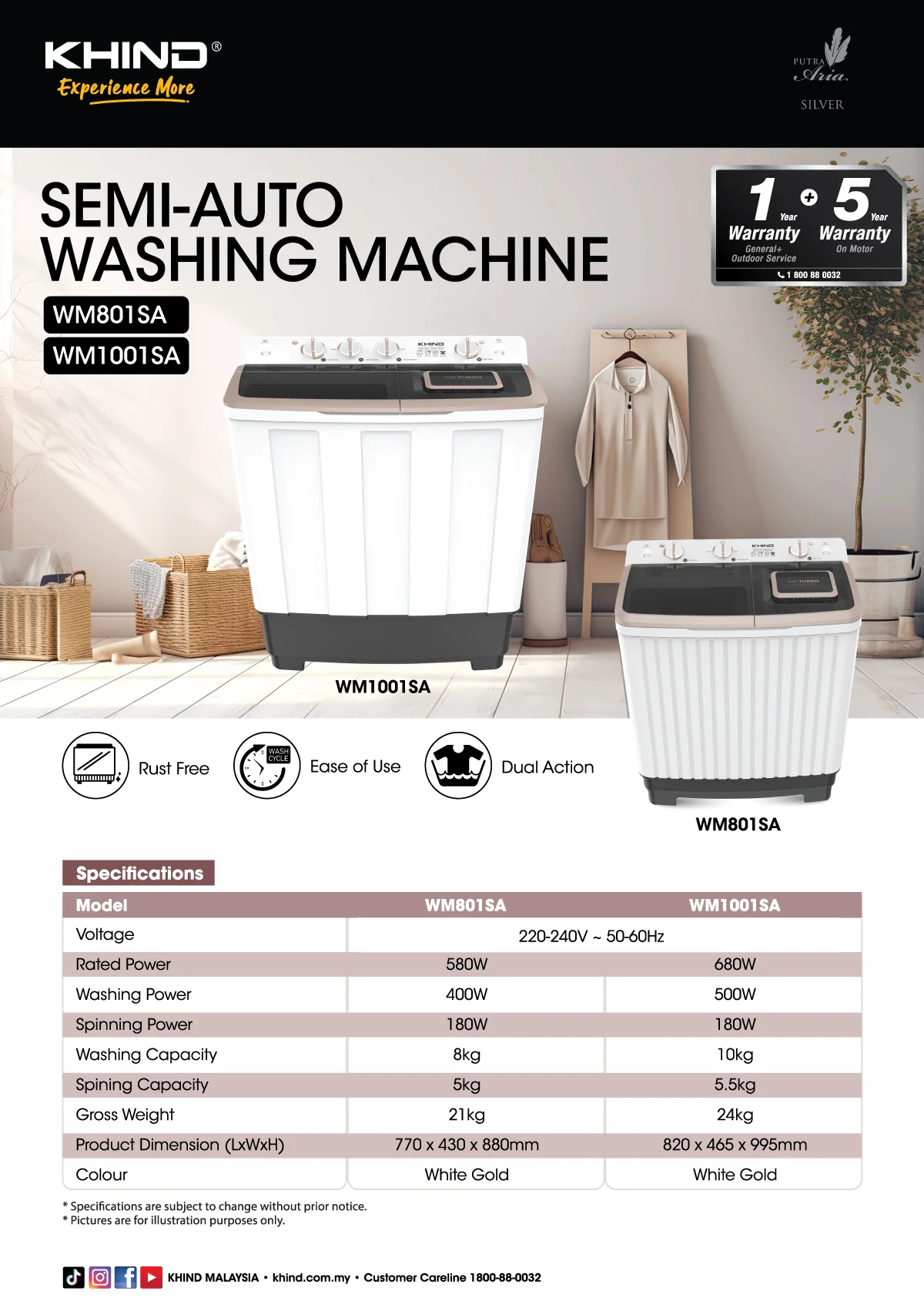 KHIND 8kg Semi-auto Washing Machine WM801SA thumbnail 2